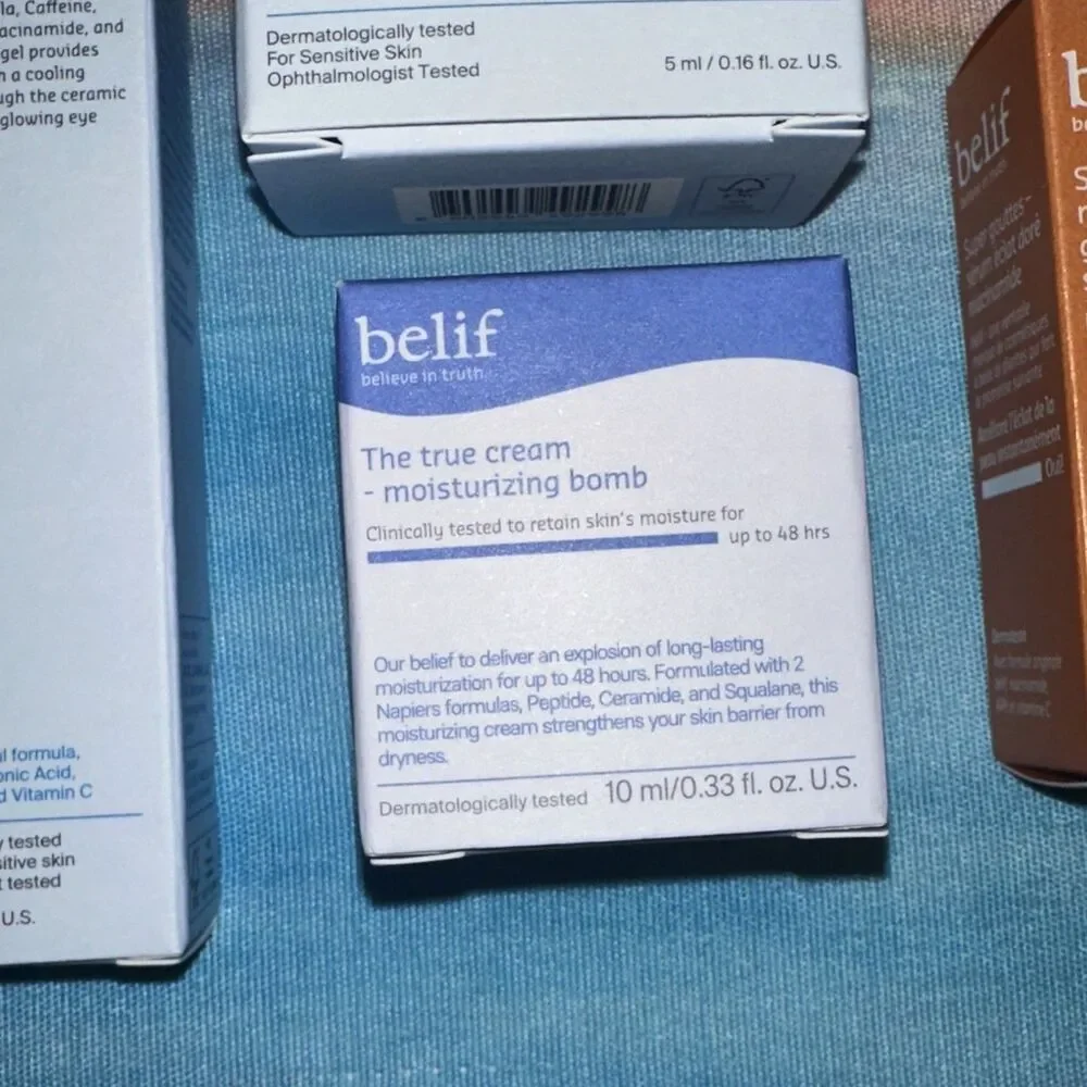 Belif Aqua Bomb Lot Of 7- True Cream, Lip Mask, 2x Eye Gel, Super Drops, etc